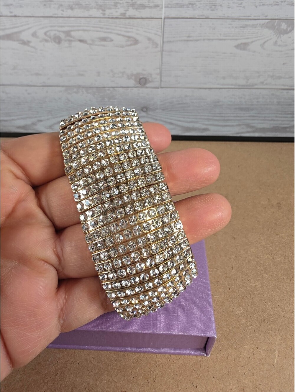 Gold-Tone Stretch Rhinestone Bracelet Wide Cuff Sparkling Statement Jewelry